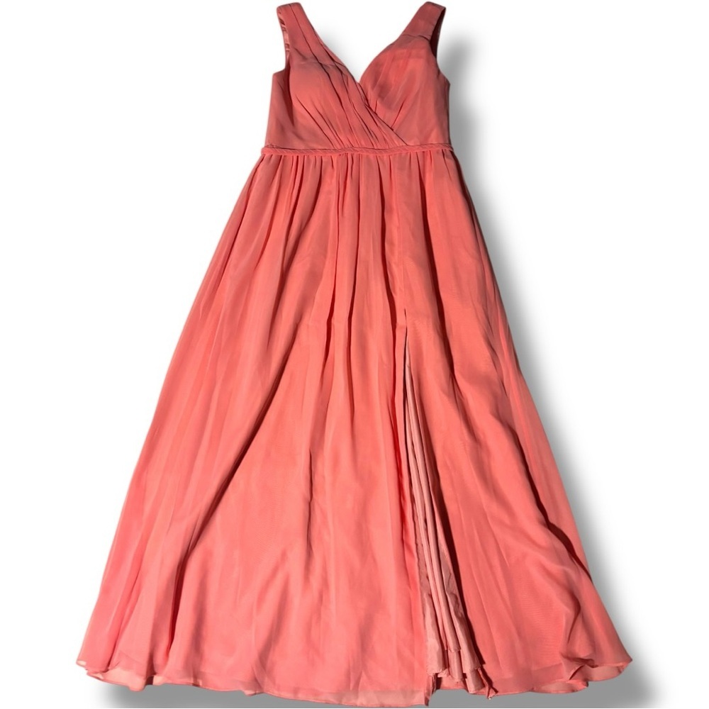 Azazie Coral Pink V-neck and Back High Slit Braided Waist Sleeveless Maxi Dress - Picture 9 of 16